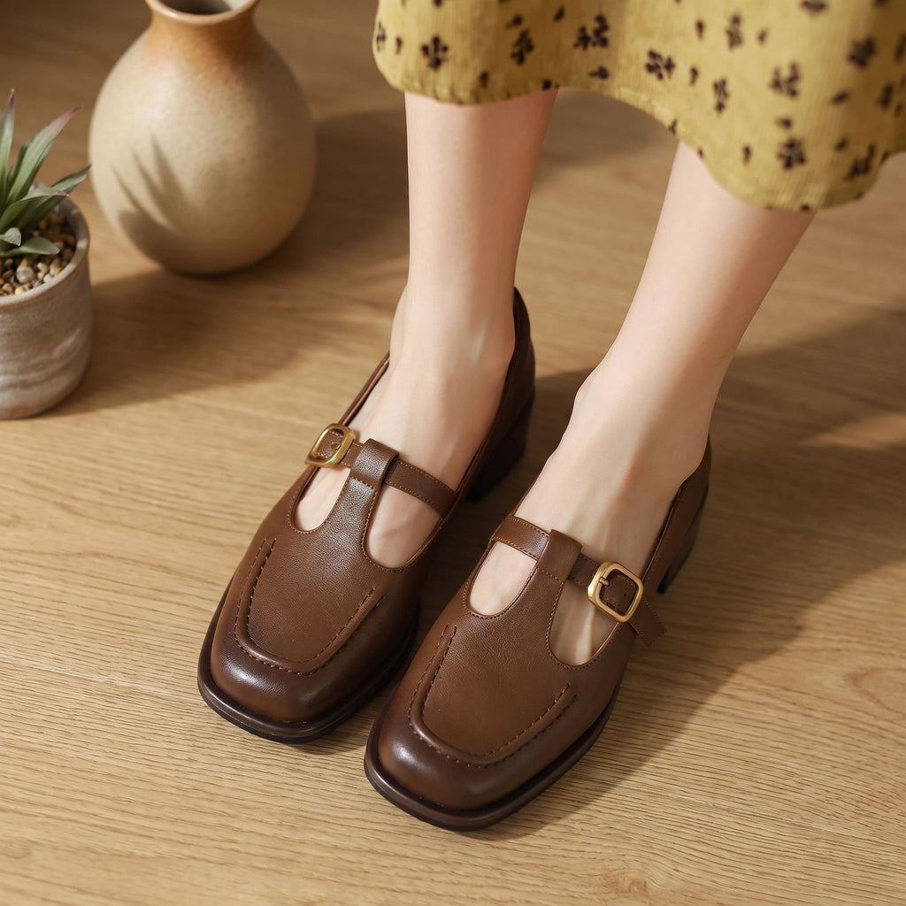 Women's Square-Toe T-Strap Buckle Mary Jane Shoes