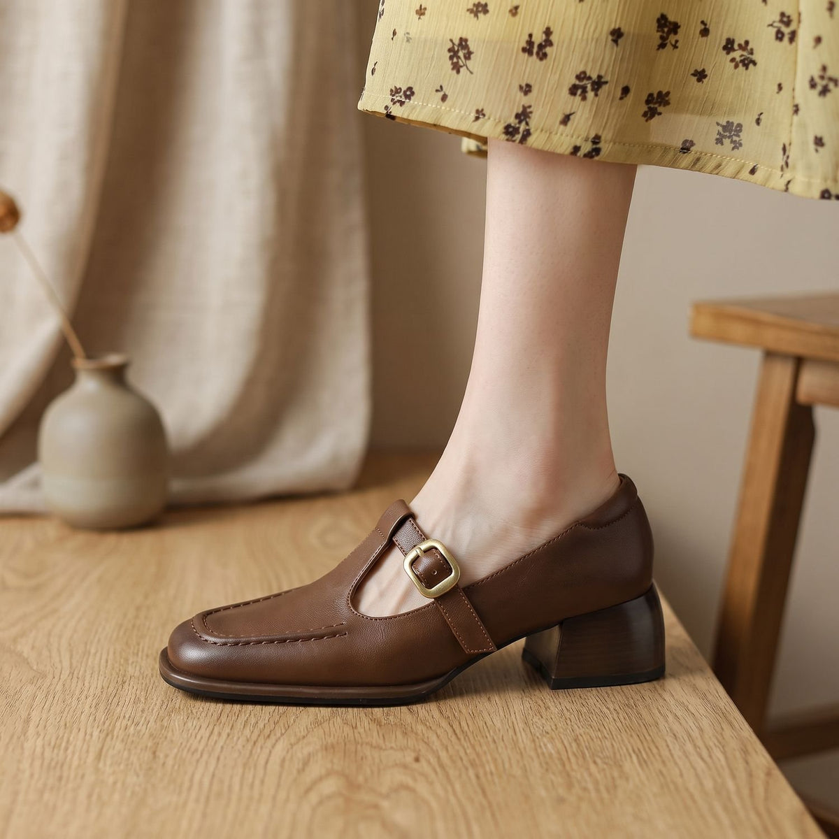Women's Square-Toe T-Strap Buckle Mary Jane Shoes