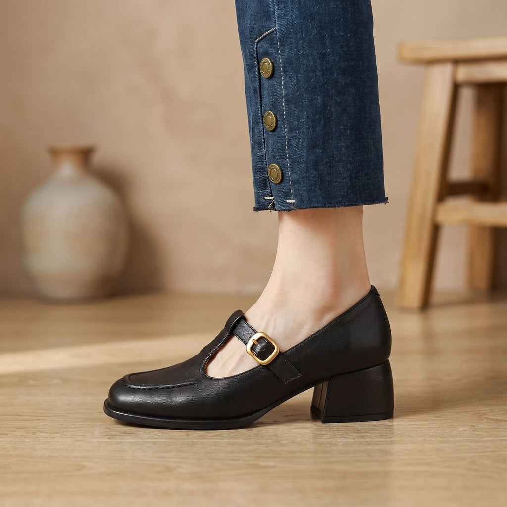 Women's Square-Toe T-Strap Buckle Mary Jane Shoes - Black