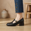 Women's Square-Toe T-Strap Buckle Mary Jane Shoes - Black