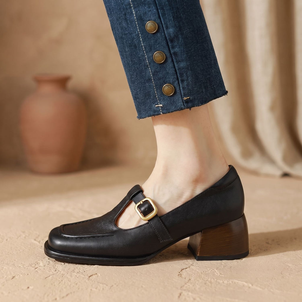 Women's Square-Toe T-Strap Buckle Mary Jane Shoes