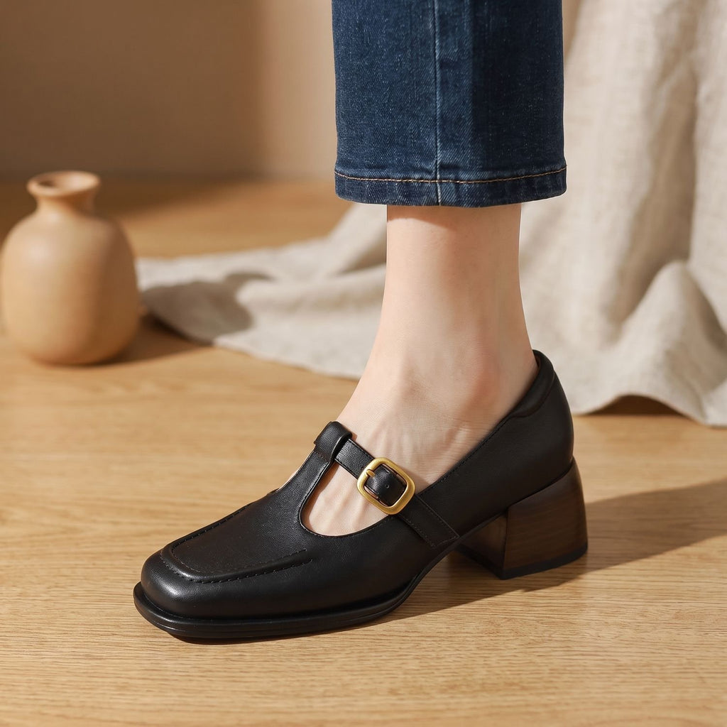 Women's Square-Toe T-Strap Buckle Mary Jane Shoes