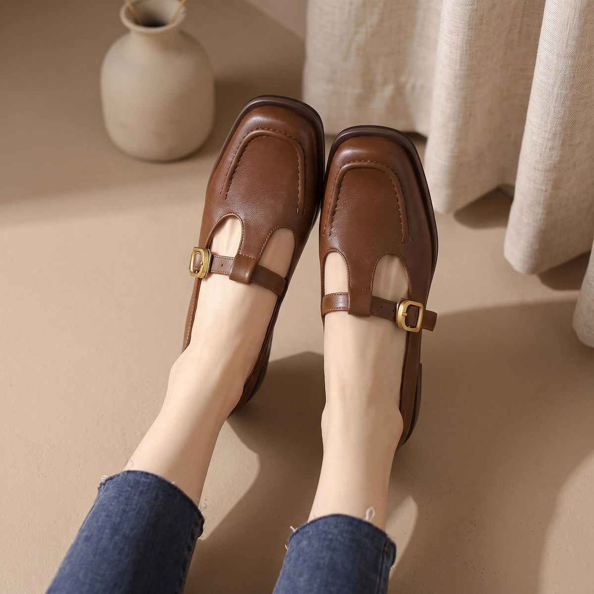 Women's Square-Toe T-Strap Buckle Mary Jane Shoes