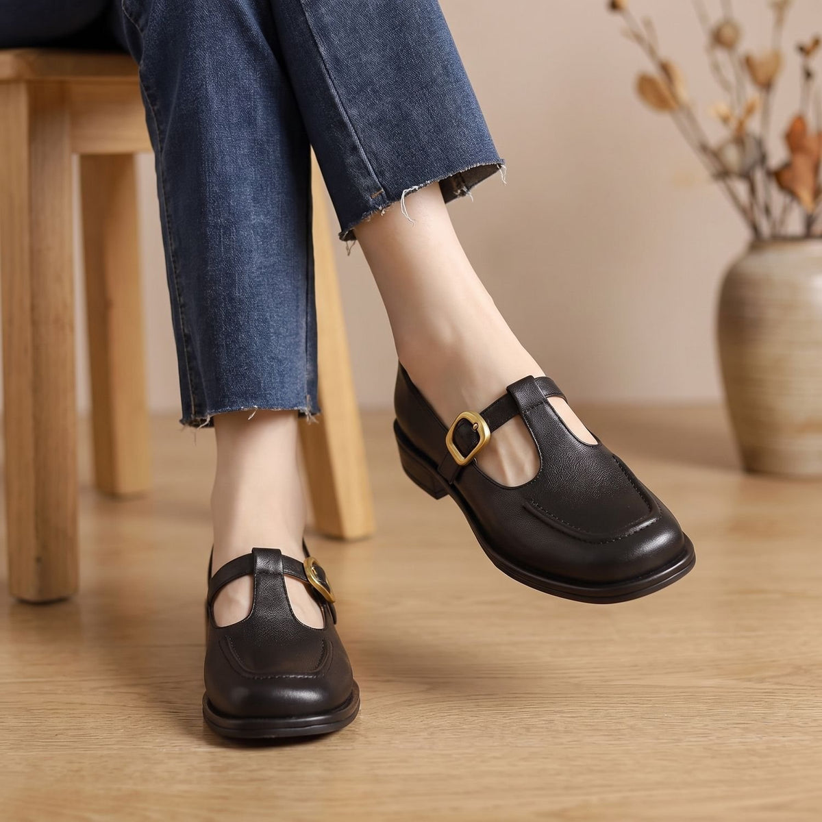 Women's Square-Toe T-Strap Buckle Mary Jane Shoes