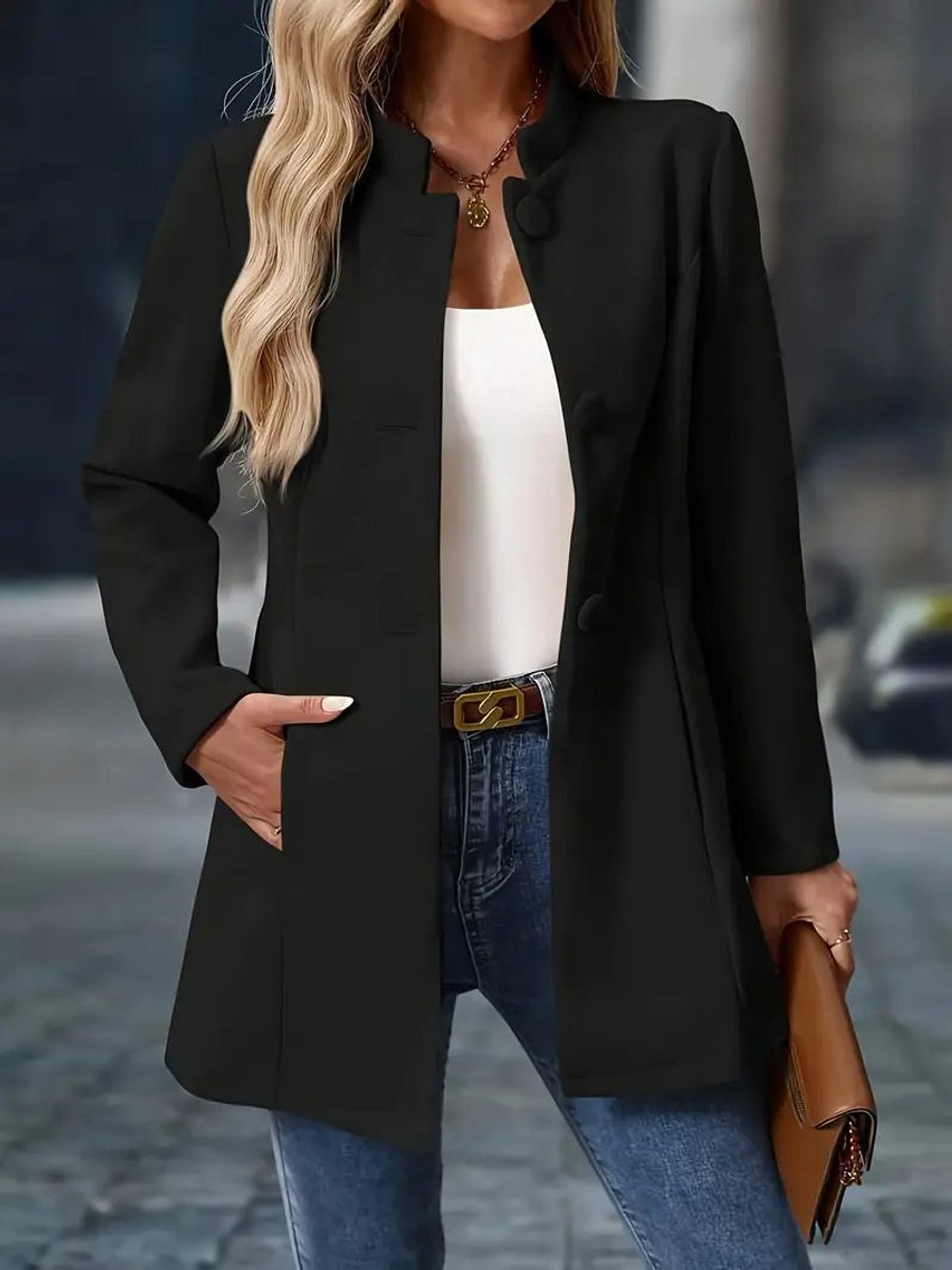 Women's Stand-Collar Button-Front Longline Coat - Black