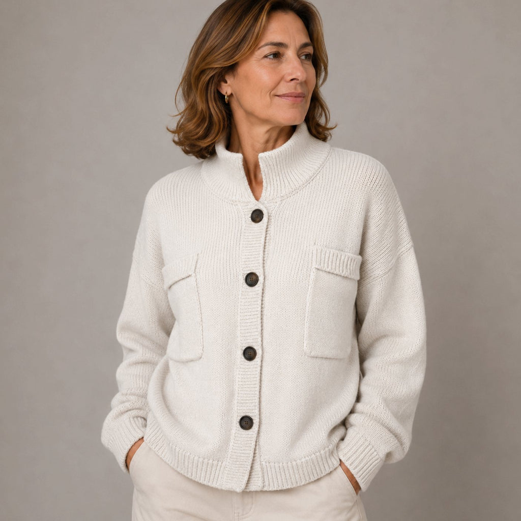 Women's Stand Collar Button-Up Knit Cardigan - Cream