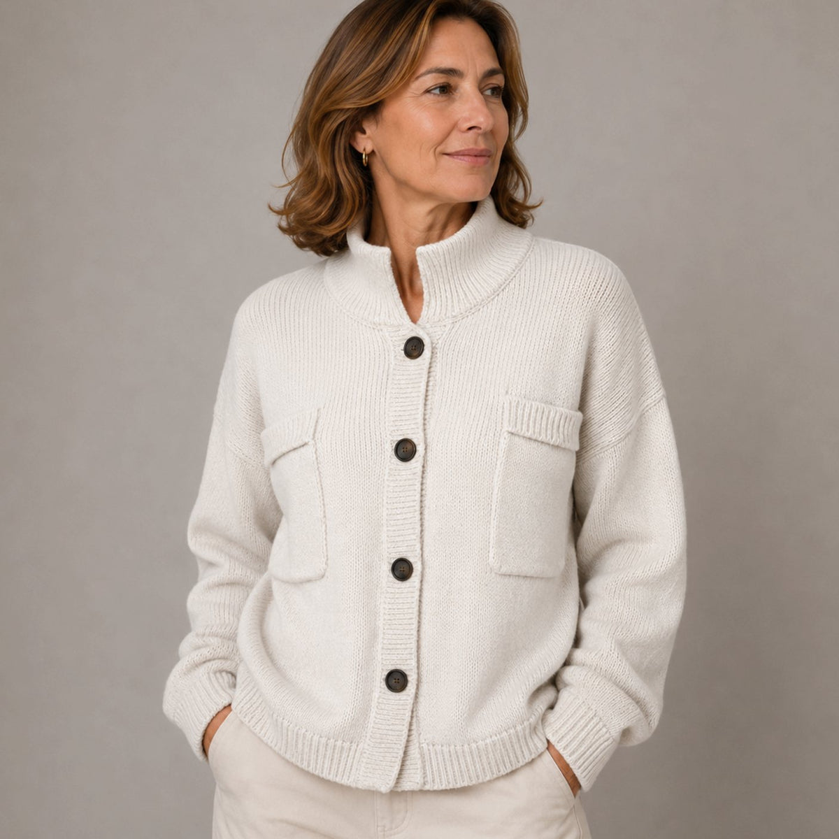 Women's Stand Collar Button-Up Knit Cardigan - Cream