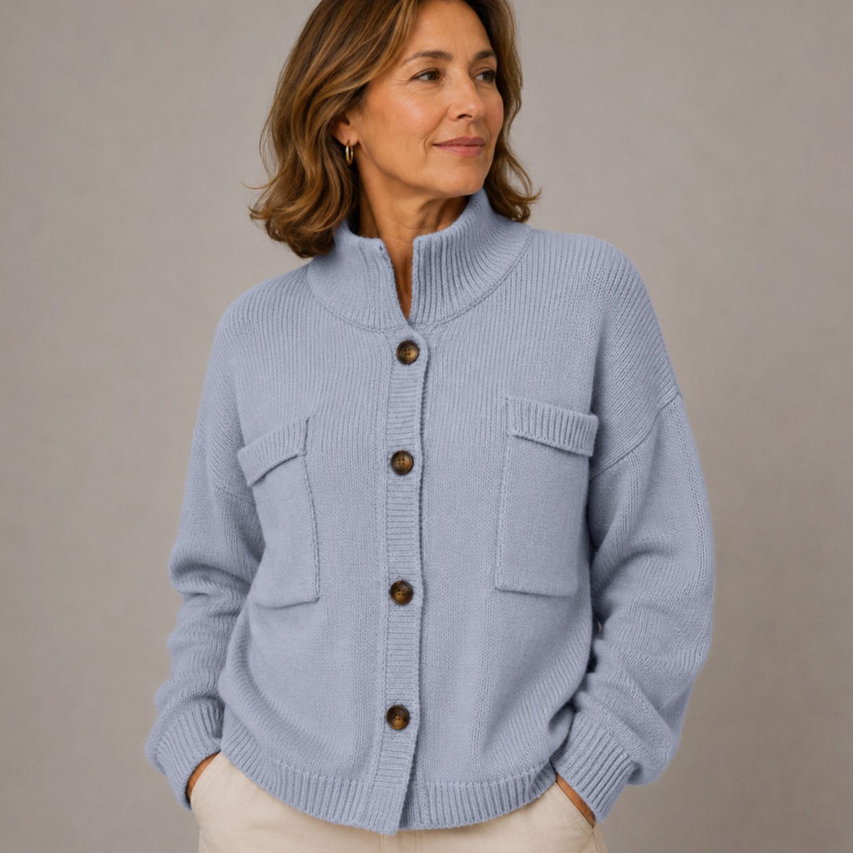 Women's Stand Collar Button-Up Knit Cardigan - Light Blue