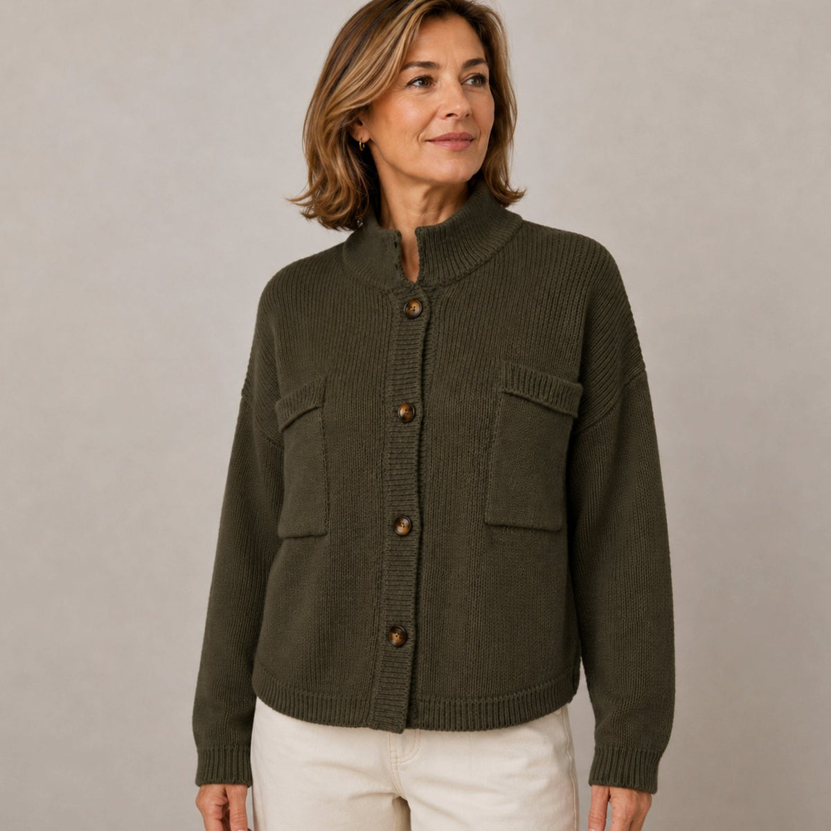 Women's Stand Collar Button-Up Knit Cardigan - Olive