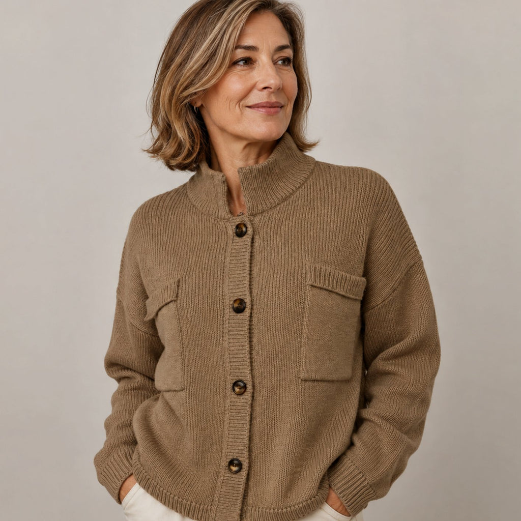 Women's Stand Collar Button-Up Knit Cardigan - Camel