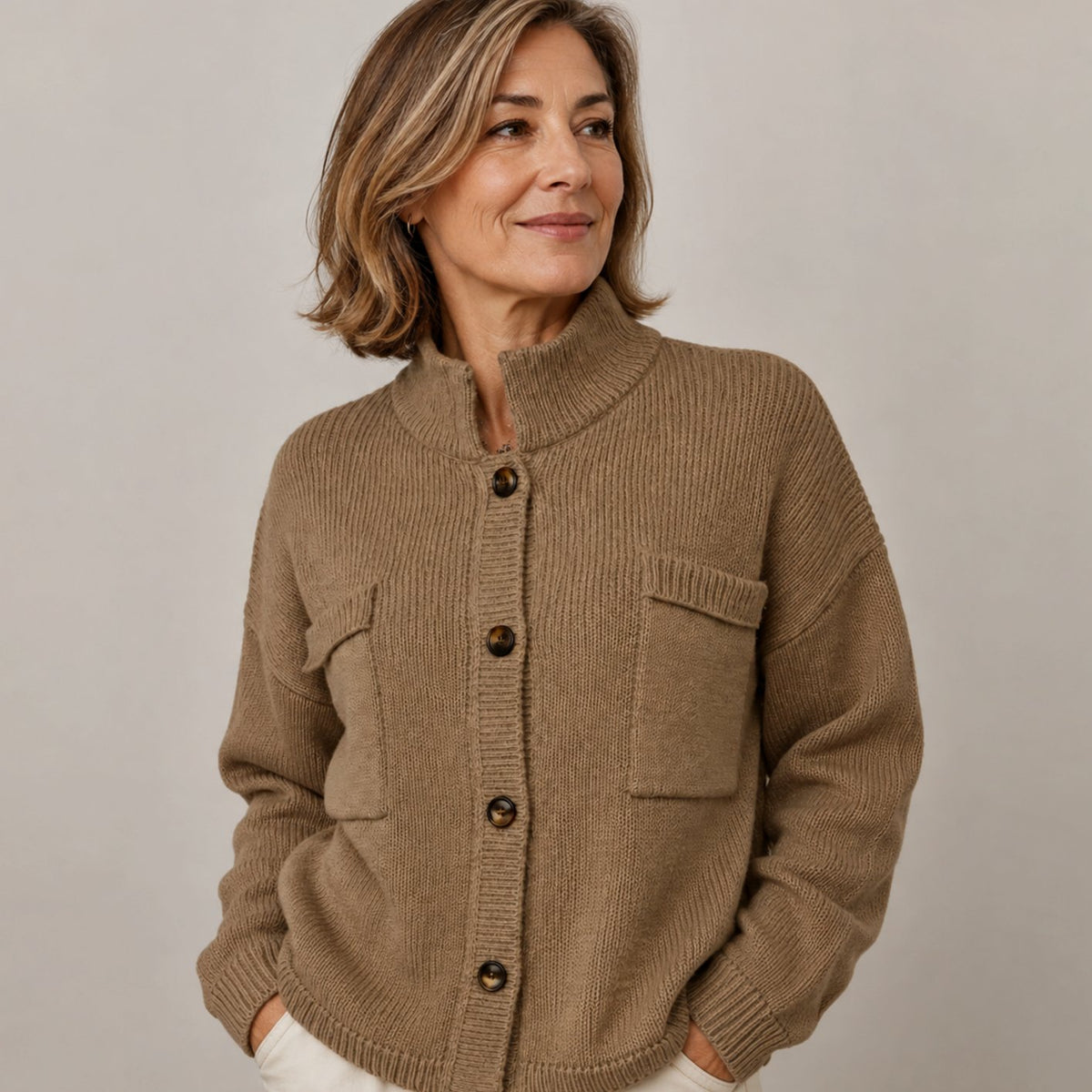Women's Stand Collar Button-Up Knit Cardigan - Camel