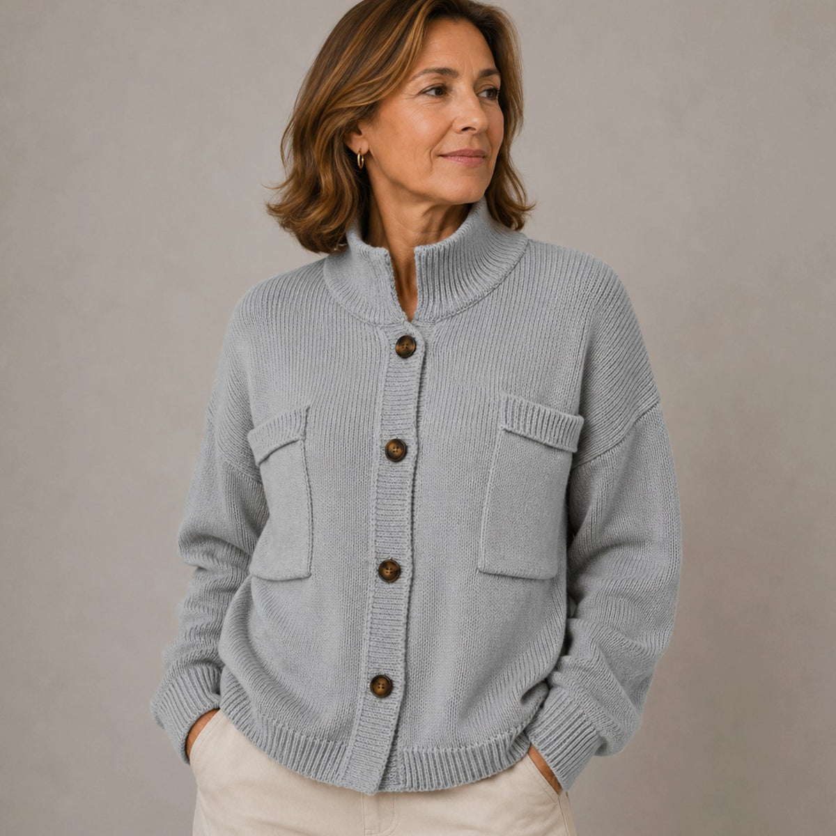 Women's Stand Collar Button-Up Knit Cardigan - Gray
