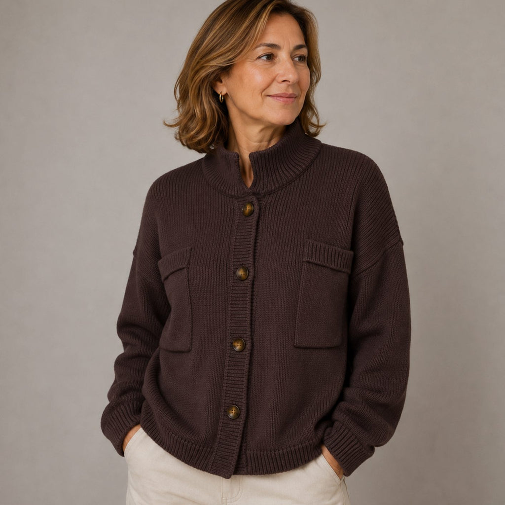 Women's Stand Collar Button-Up Knit Cardigan - Chocolate