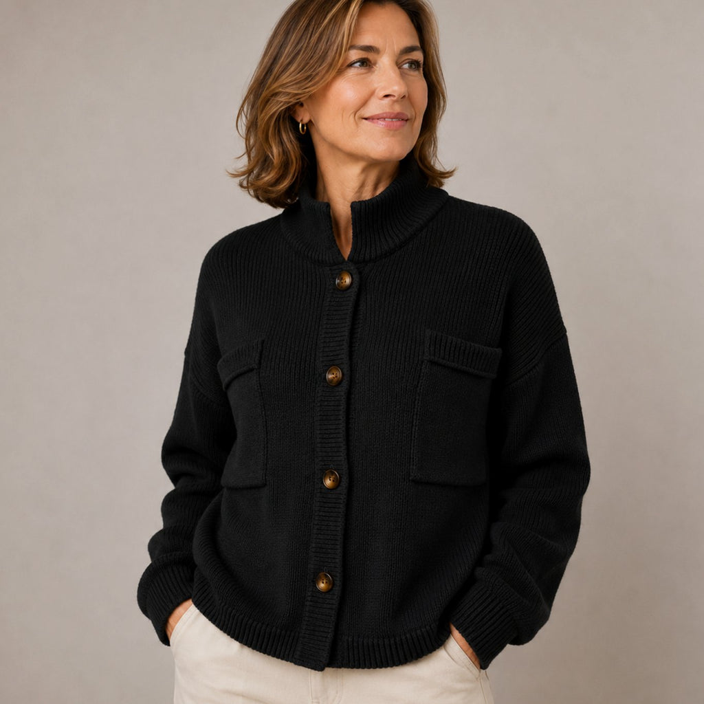 Women's Stand Collar Button-Up Knit Cardigan - Black