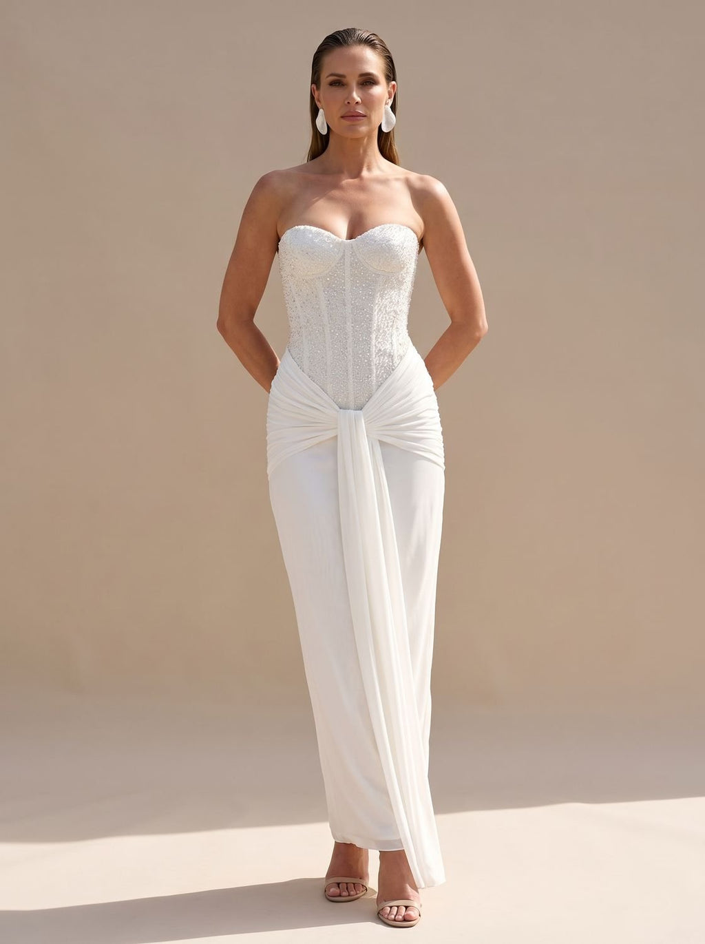 Women's Strapless Beaded Bodice Draped Maxi Dress - White