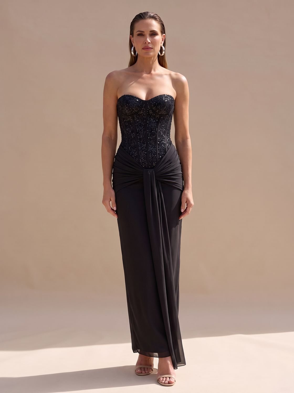 Women's Strapless Beaded Bodice Draped Maxi Dress