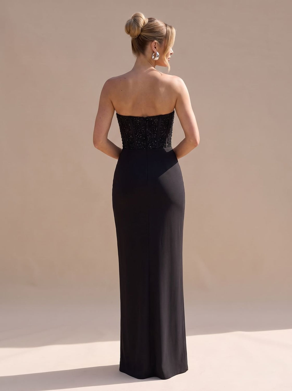 Women's Strapless Beaded Bodice Draped Maxi Dress