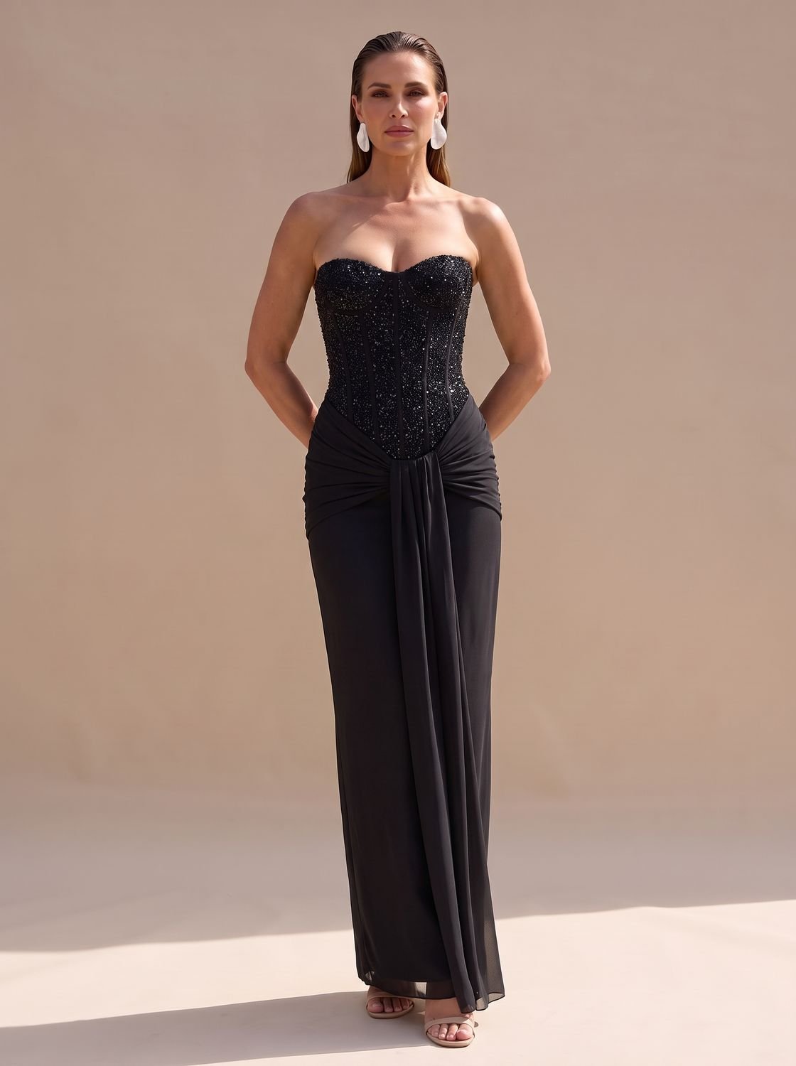 Women's Strapless Beaded Bodice Draped Maxi Dress