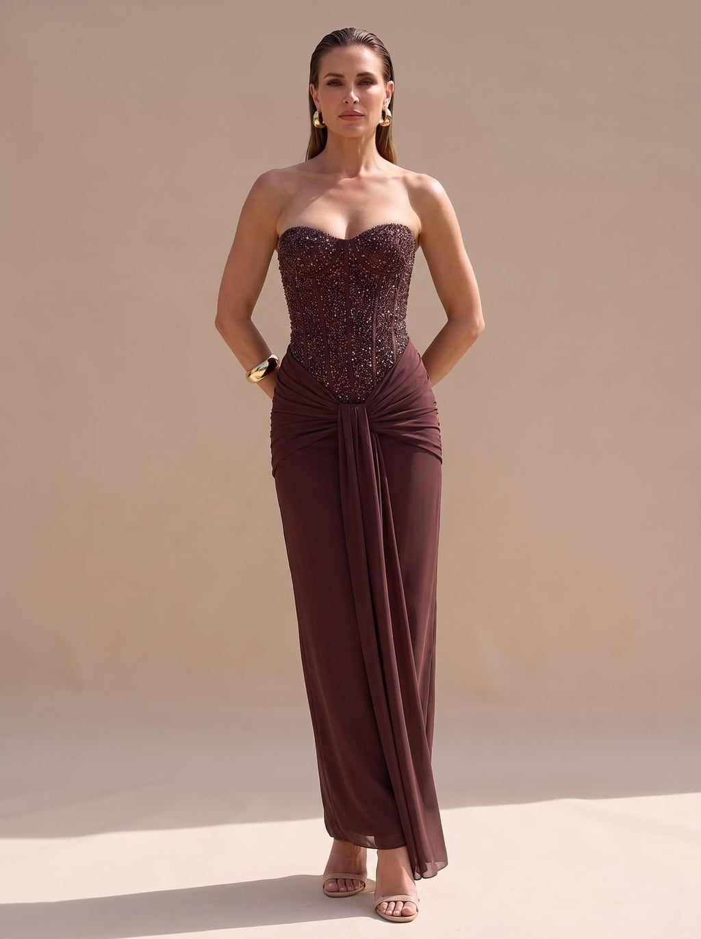Women's Strapless Beaded Bodice Draped Maxi Dress - Dark Brown