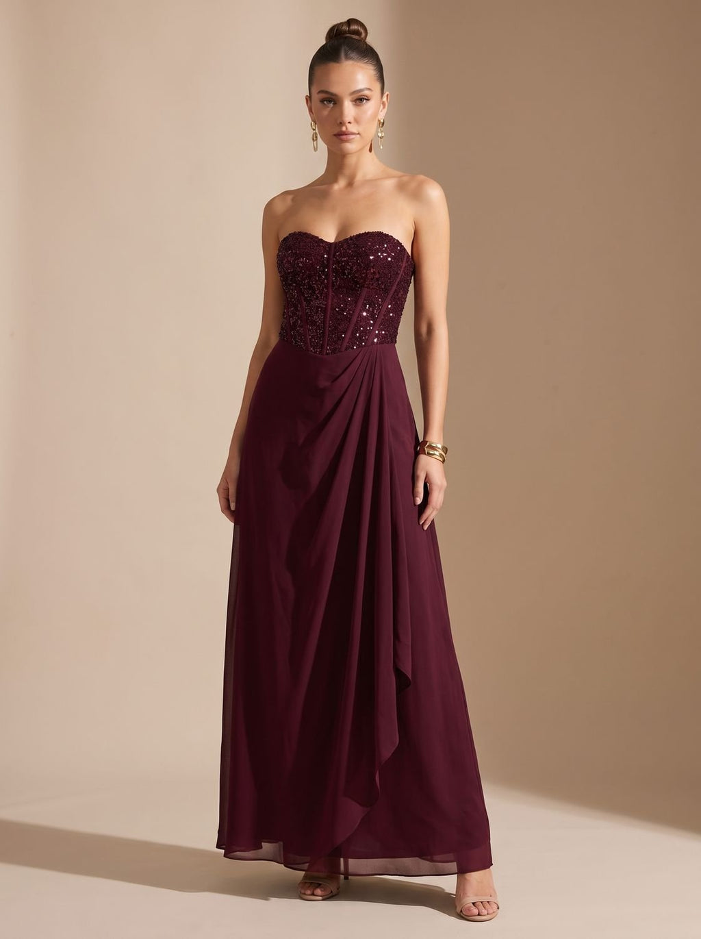 Women's Strapless Beaded Bodice Draped Maxi Dress