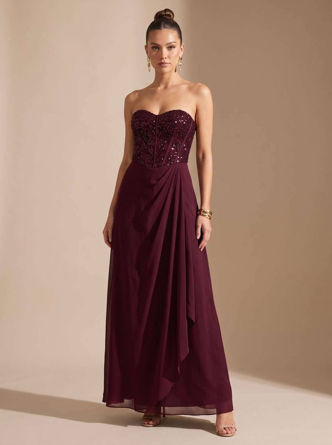 Women's Strapless Beaded Bodice Draped Maxi Dress