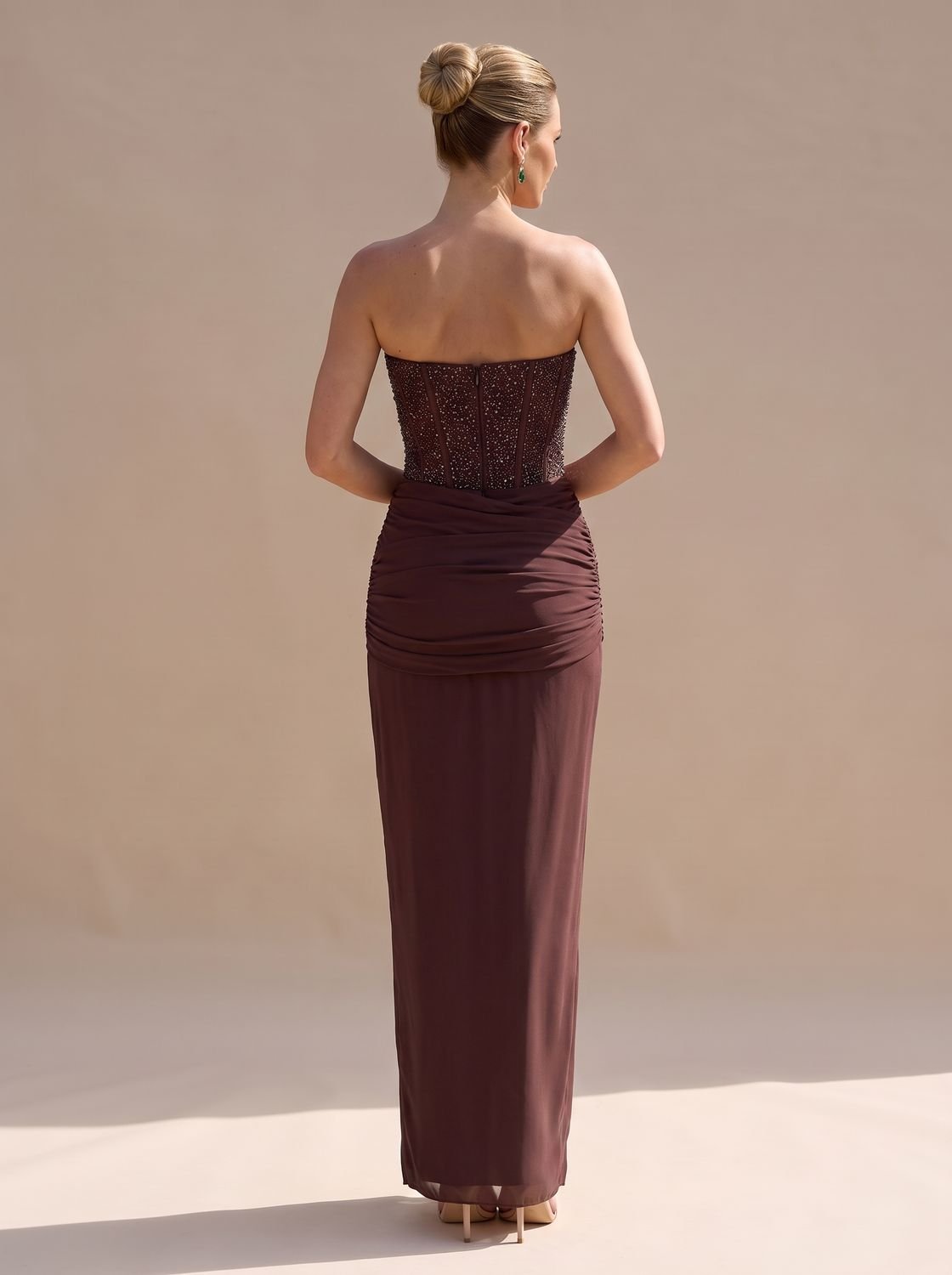 Women's Strapless Beaded Bodice Draped Maxi Dress