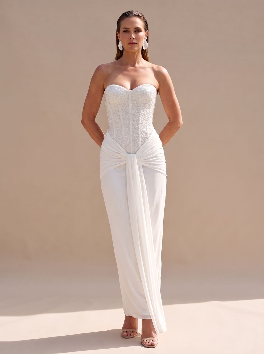 Women's Strapless Beaded Bodice Draped Maxi Dress