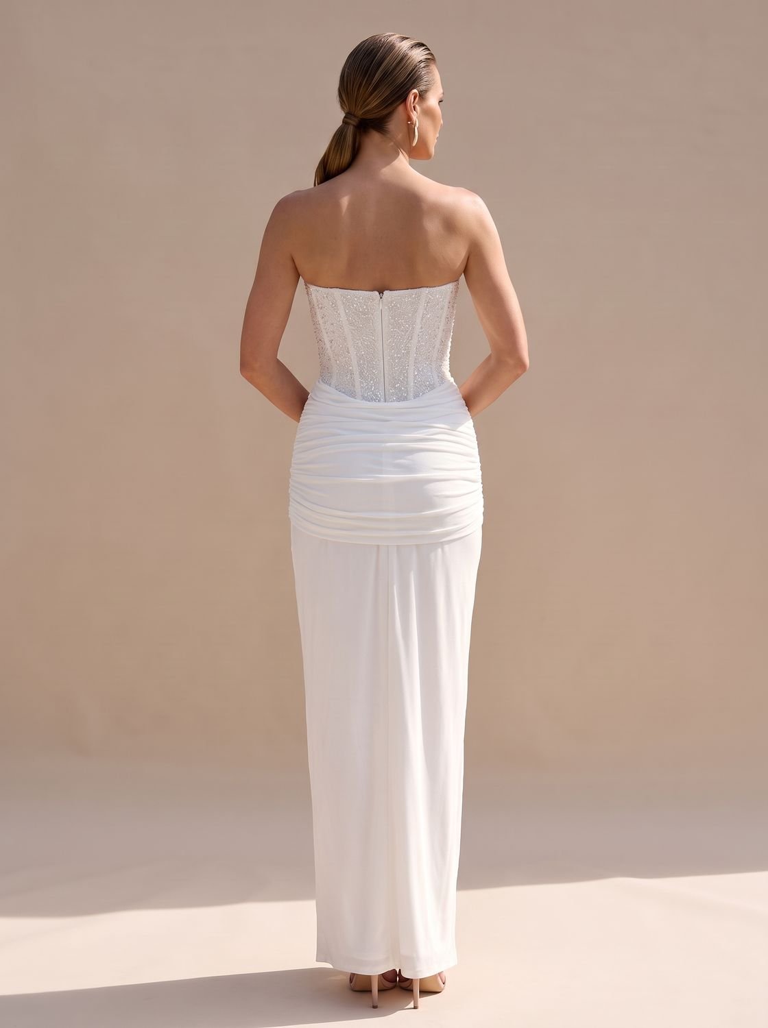 Women's Strapless Beaded Bodice Draped Maxi Dress
