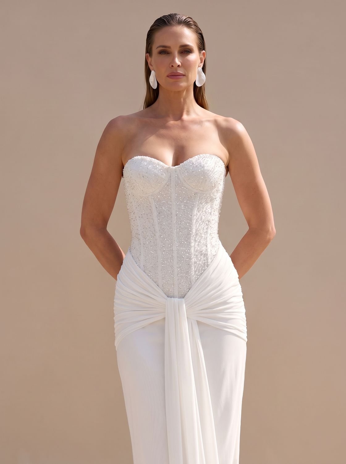 Women's Strapless Beaded Bodice Draped Maxi Dress