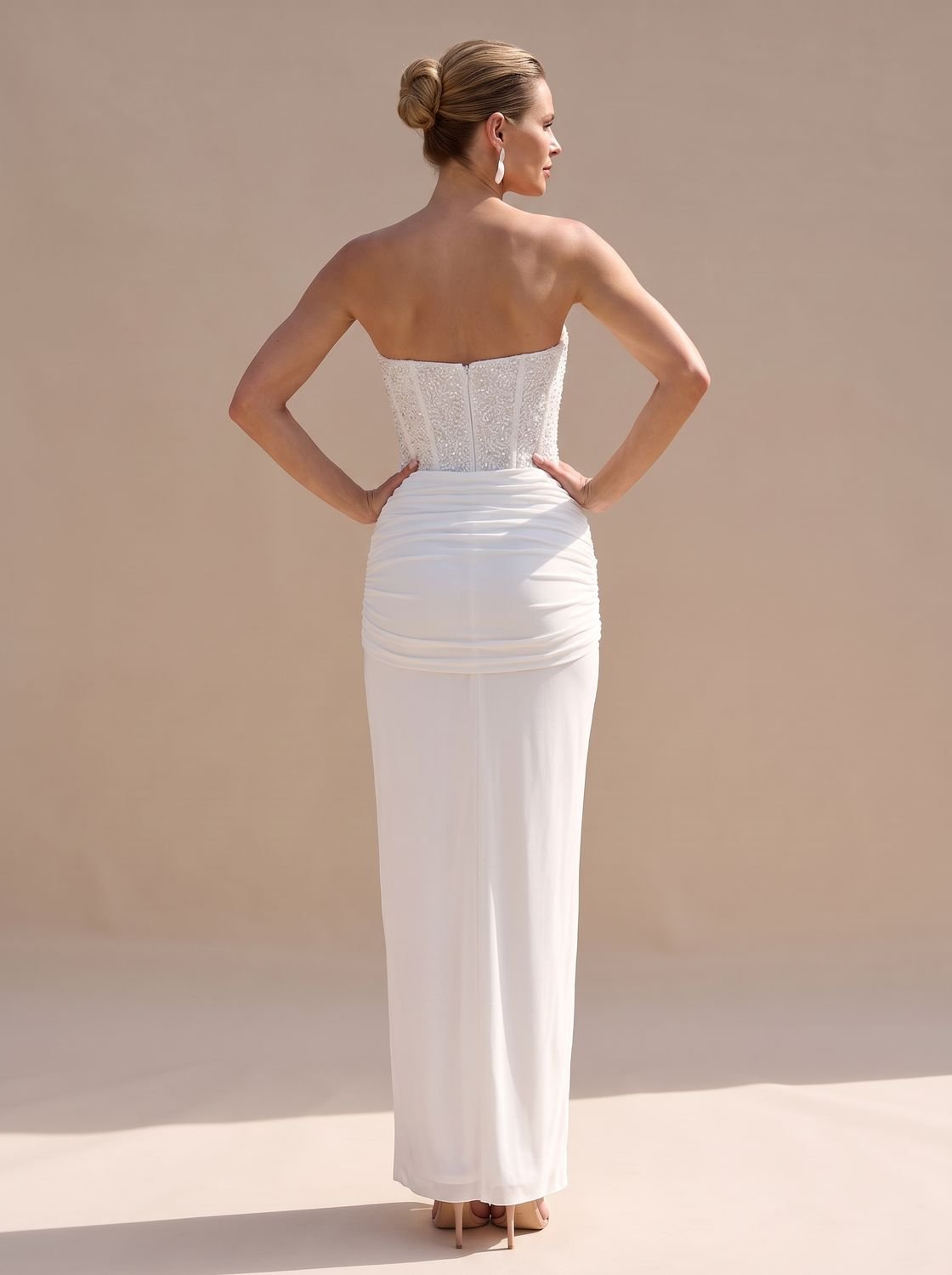 Women's Strapless Beaded Bodice Draped Maxi Dress