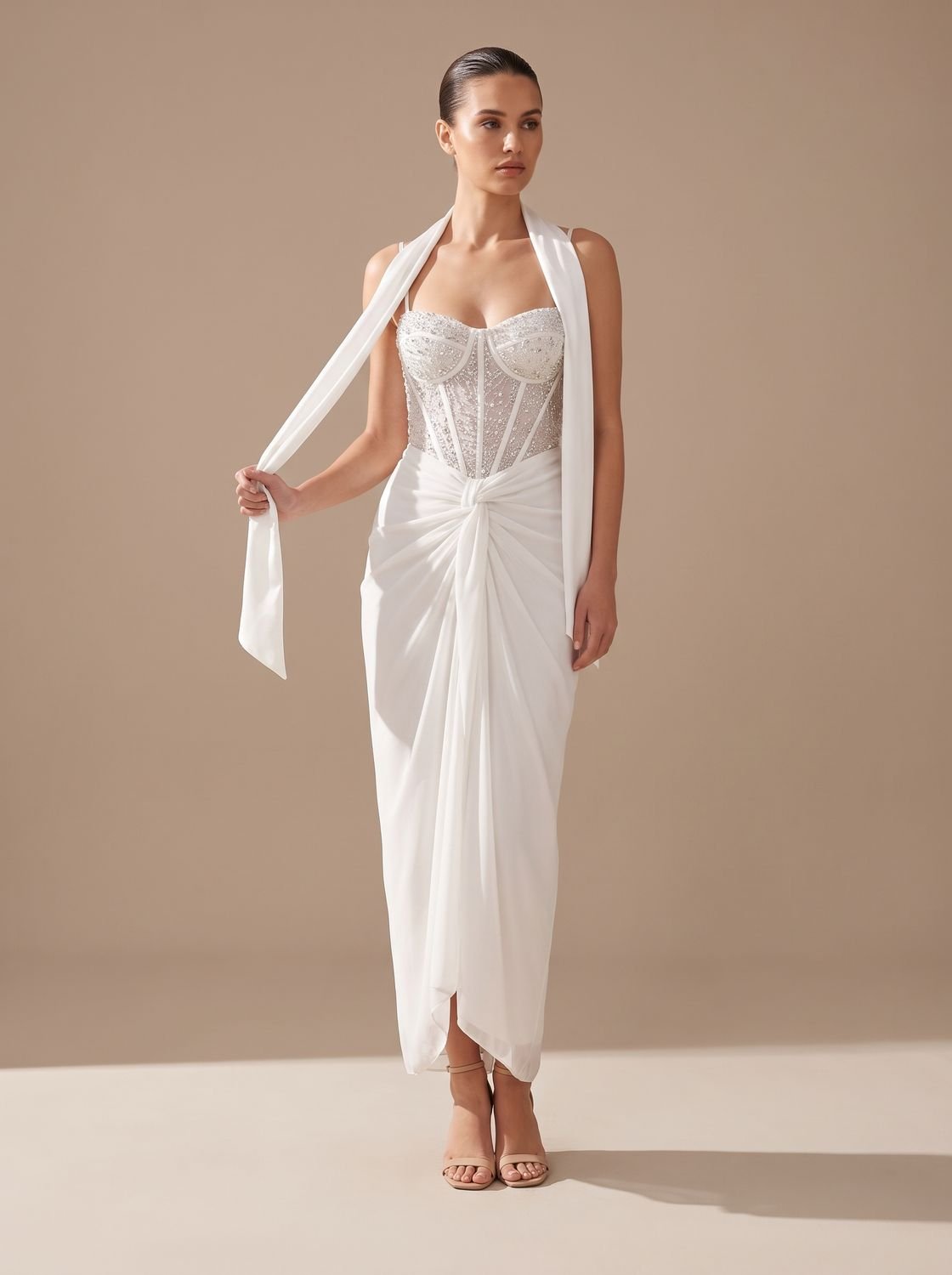 Women's Strapless Beaded Bodice Draped Maxi Dress