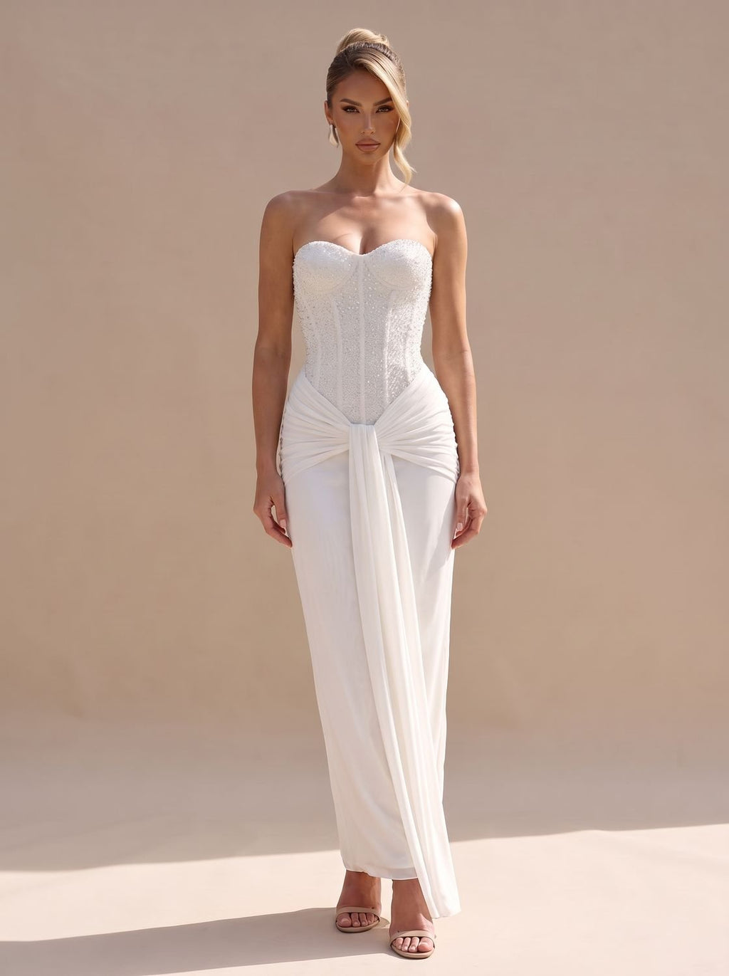 Women's Strapless Beaded Bodice Draped Maxi Dress