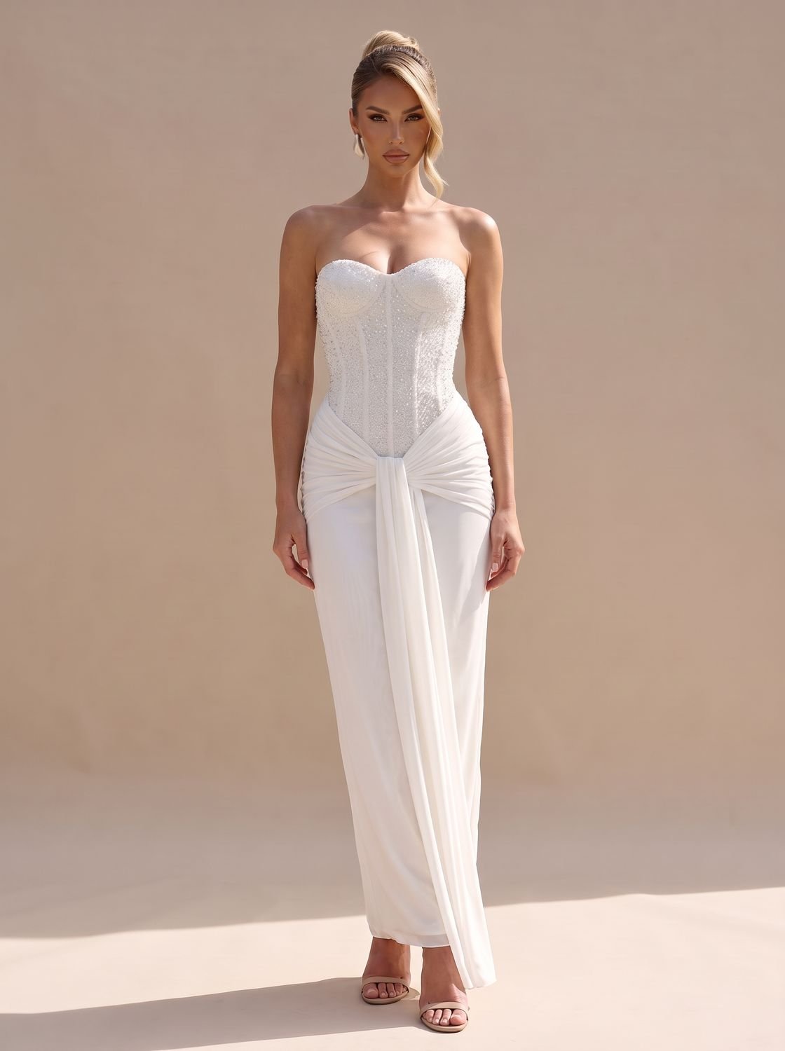 Women's Strapless Beaded Bodice Draped Maxi Dress
