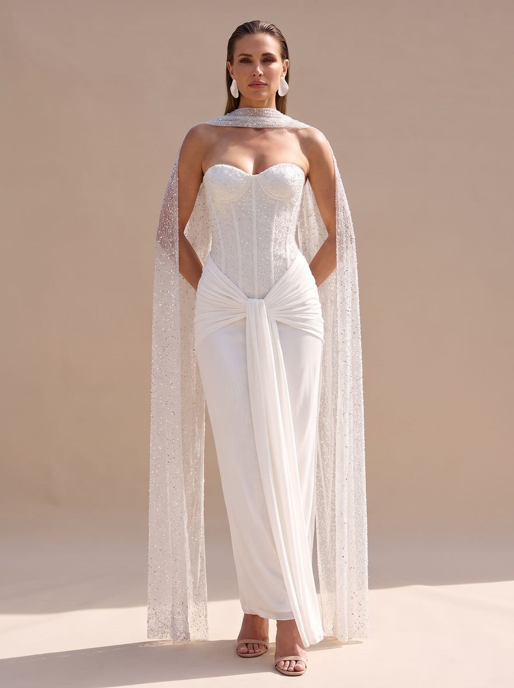 Women's Strapless Beaded Bodice Draped Maxi Dress