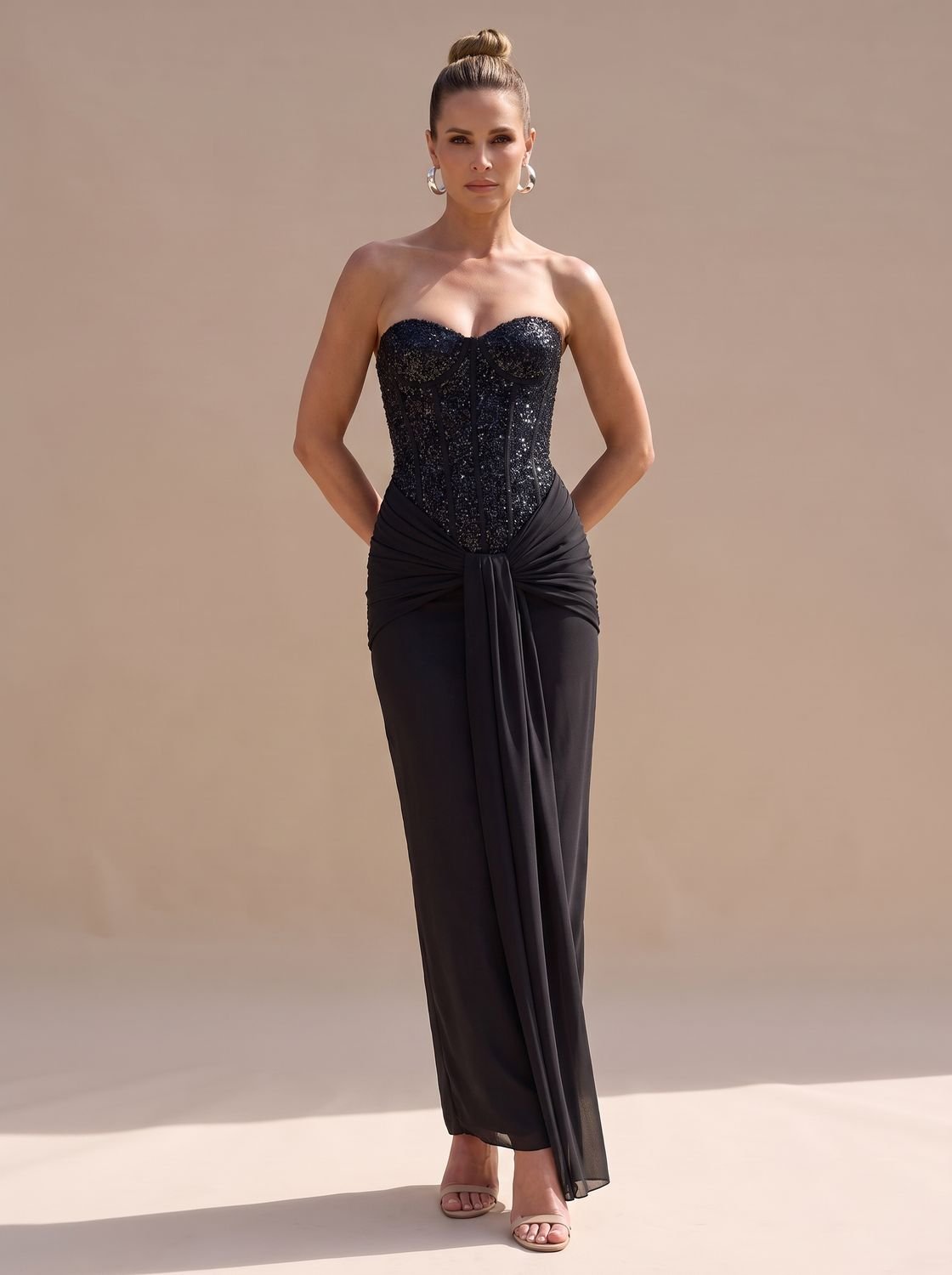 Women's Strapless Beaded Bodice Draped Maxi Dress - Black