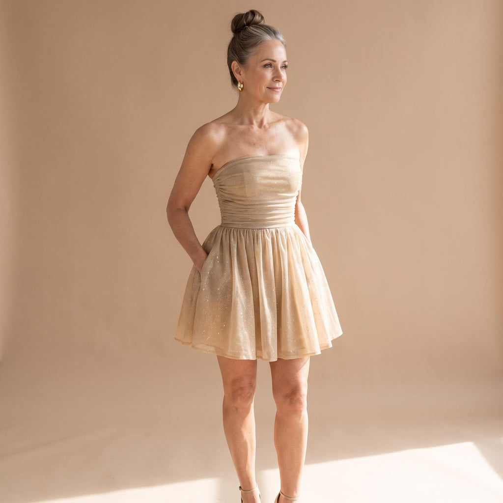Women's Strapless Glitter Tulle Sequin Dress Fit-and-Flare Mini - Gold