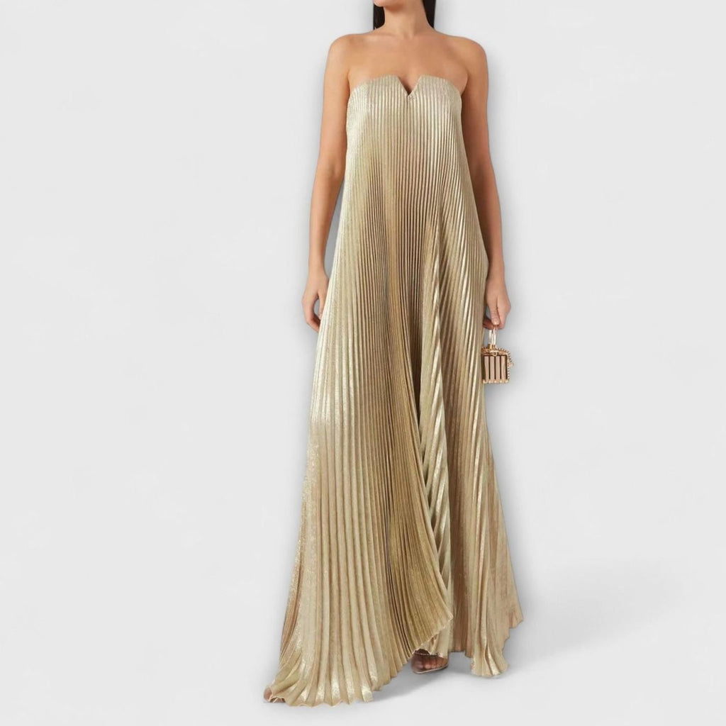 Women's Strapless Pleated Sweetheart Metallic Maxi Dress - Gold