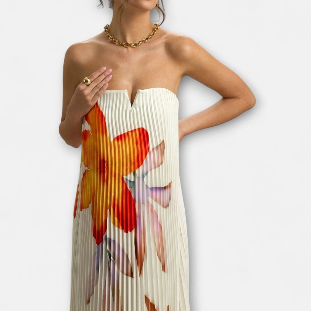 Women's Strapless Pleated Sweetheart Metallic Maxi Dress