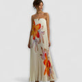 Women's Strapless Pleated Sweetheart Metallic Maxi Dress - Orange Floral