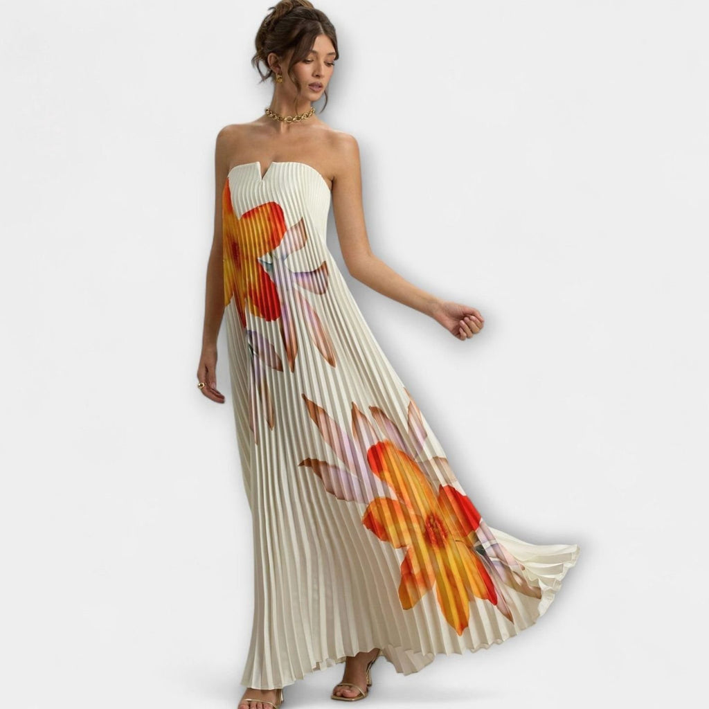 Women's Strapless Pleated Sweetheart Metallic Maxi Dress