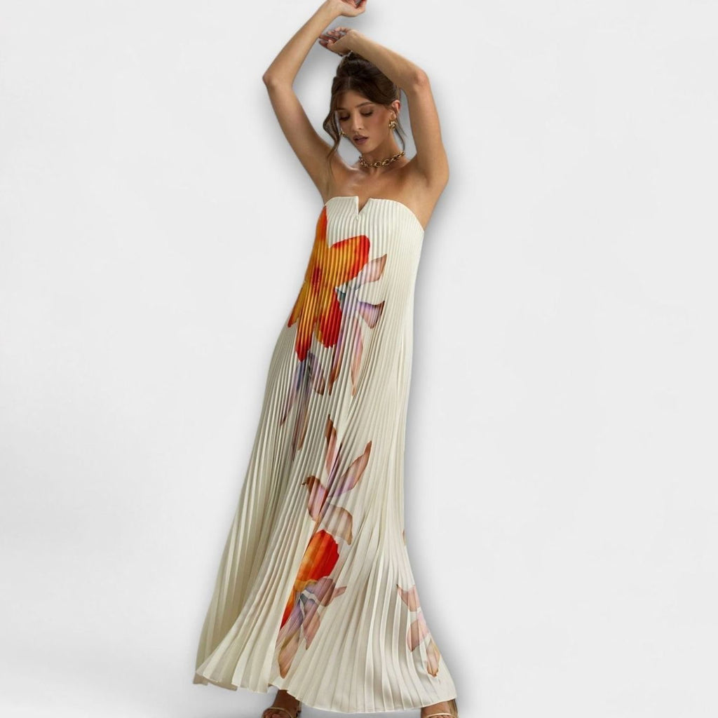 Women's Strapless Pleated Sweetheart Metallic Maxi Dress