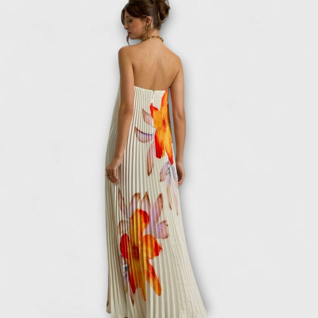 Women's Strapless Pleated Sweetheart Metallic Maxi Dress