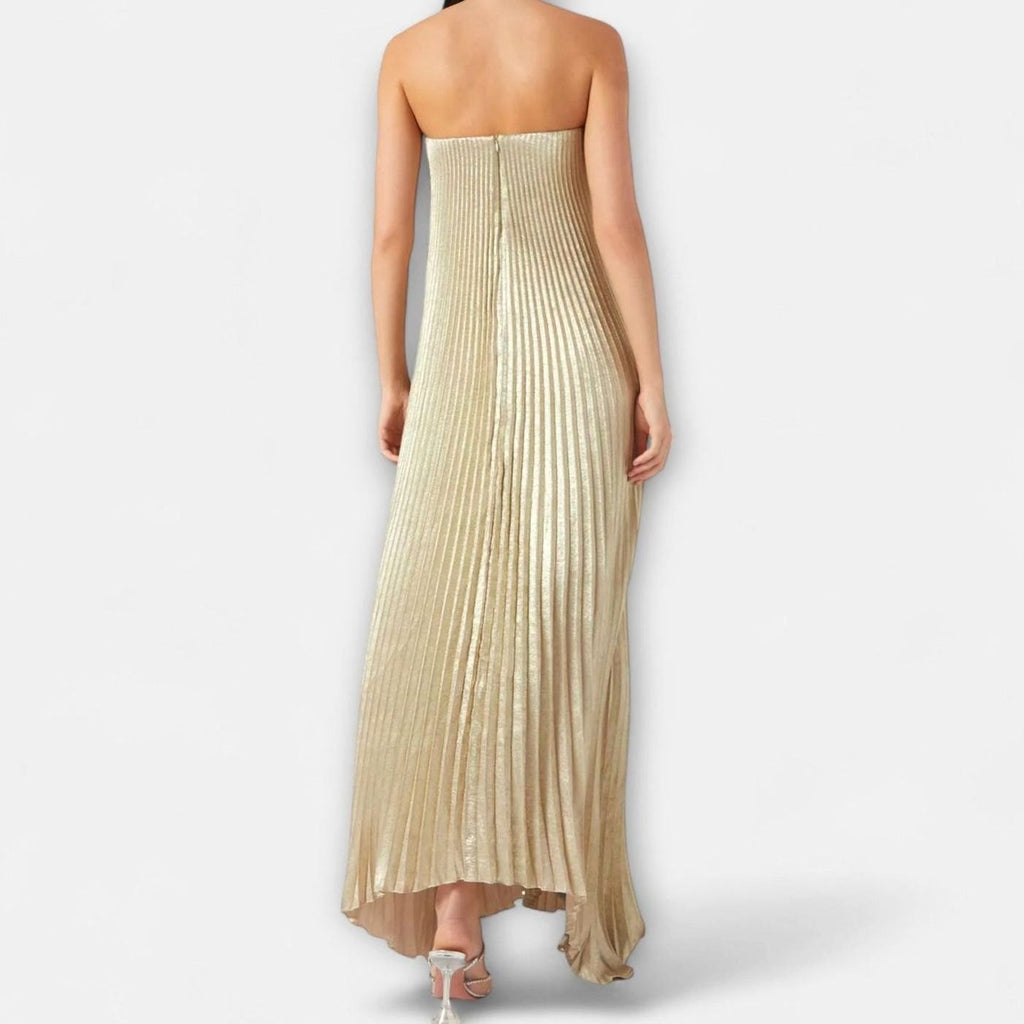Women's Strapless Pleated Sweetheart Metallic Maxi Dress