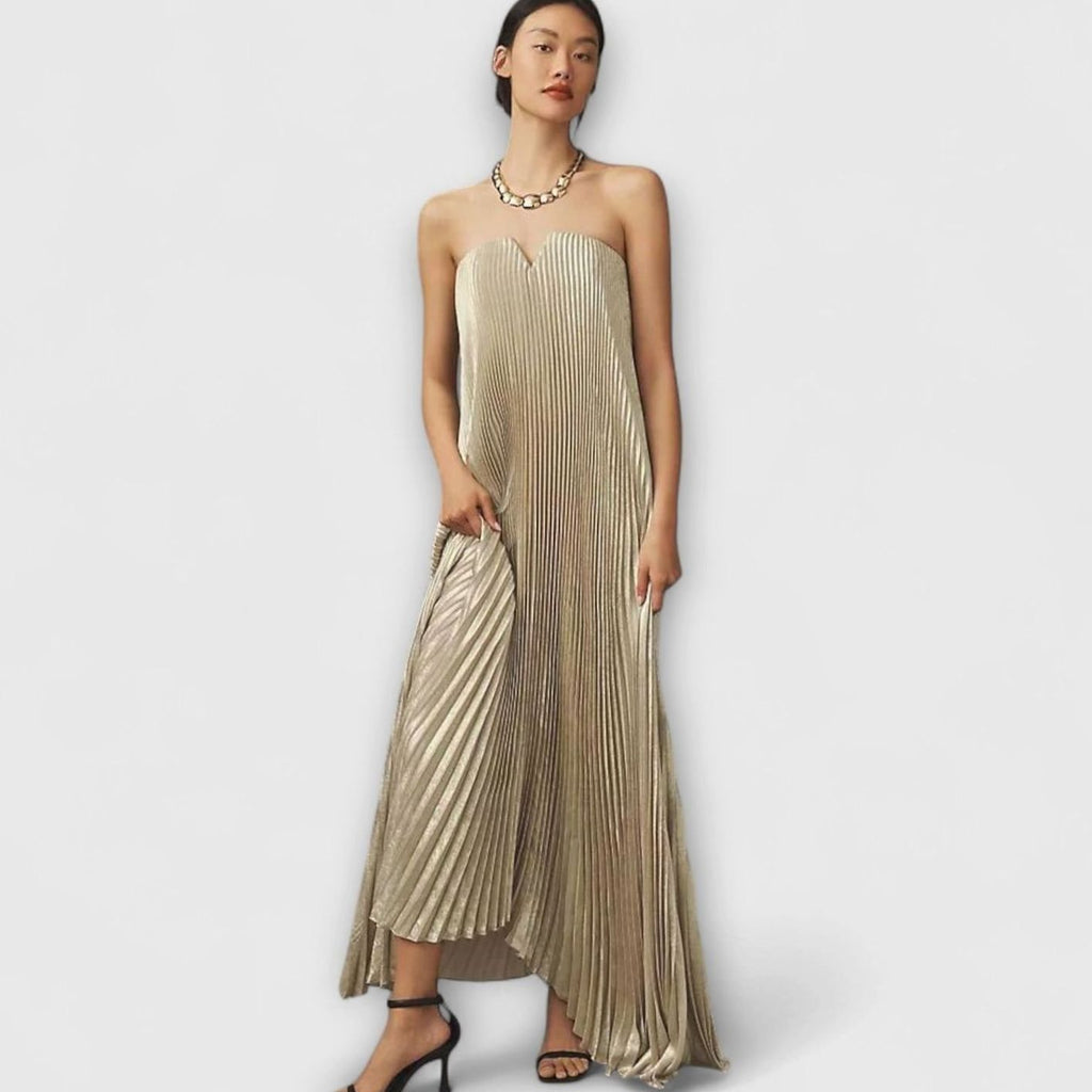 Women's Strapless Pleated Sweetheart Metallic Maxi Dress