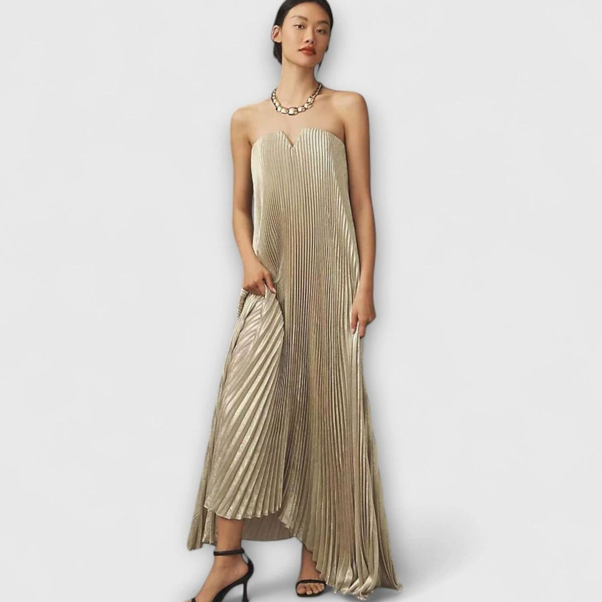 Women's Strapless Pleated Sweetheart Metallic Maxi Dress