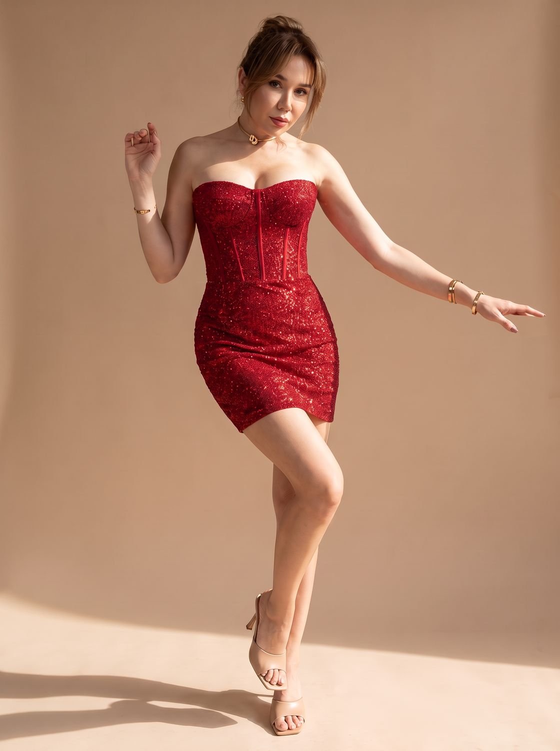 Women's Strapless Sequin Corset Christmas Party Mini Dress