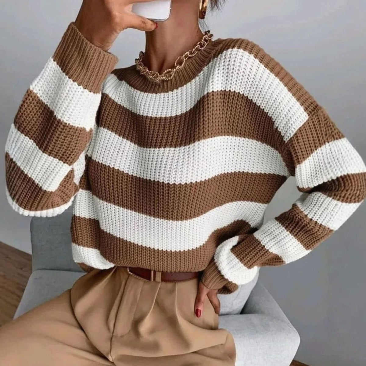 Women's Striped Cashmere Crewneck Pullover Sweater