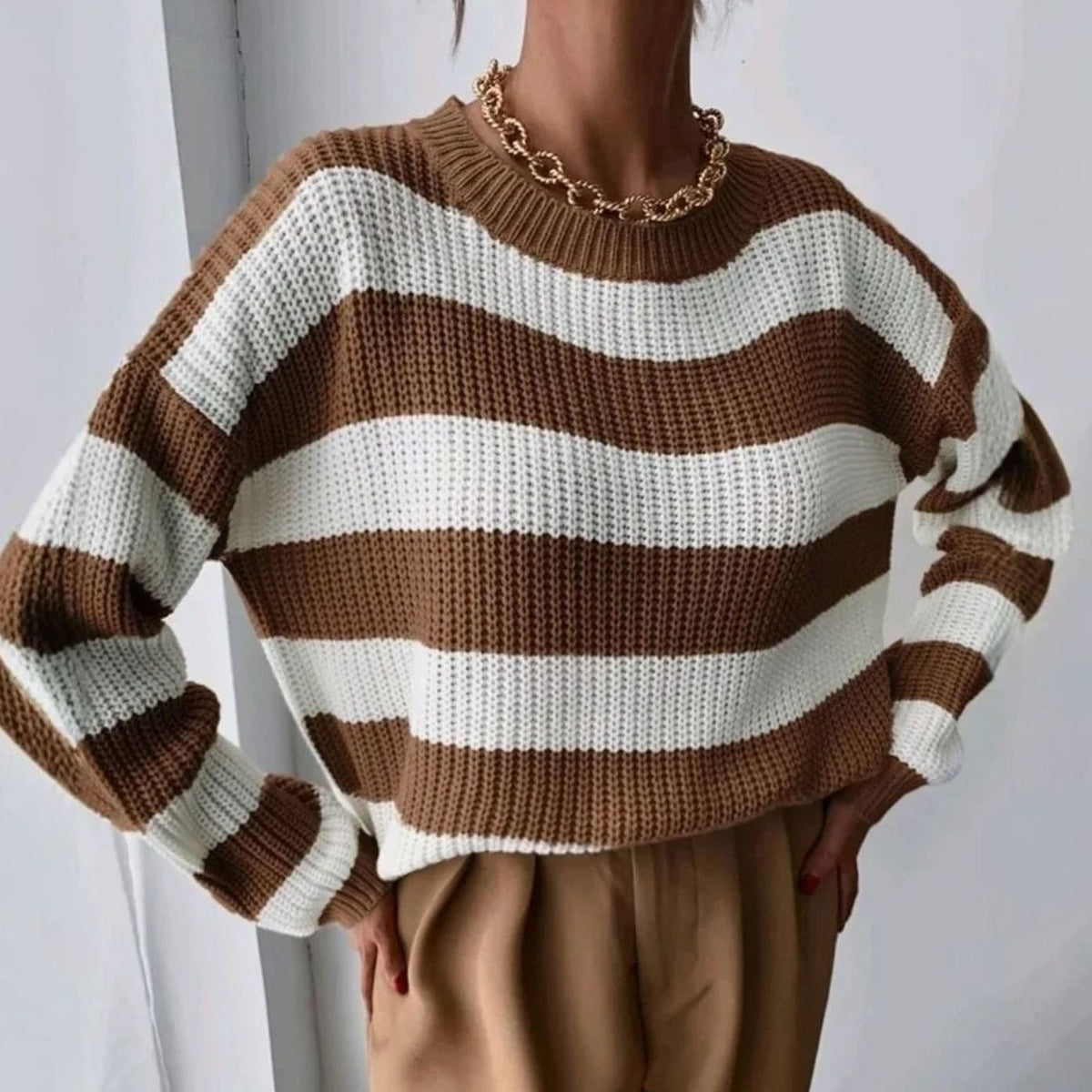 Women's Striped Cashmere Crewneck Pullover Sweater