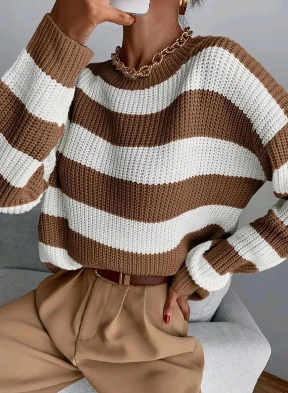 Women's Striped Cashmere Crewneck Pullover Sweater - Brown