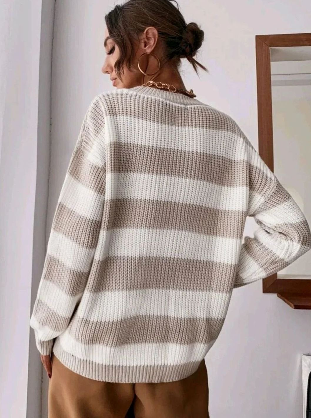 Women's Striped Cashmere Crewneck Pullover Sweater - Apricot